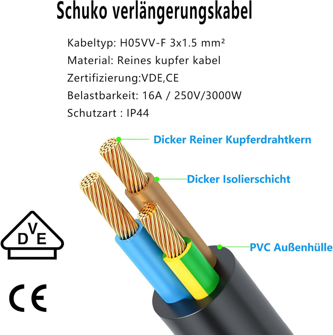 Schuko Verlängerungskabel mit Schalter 90 Grad Verlängerungskabel Outdoor mit Schuko Stecker,Netzkab