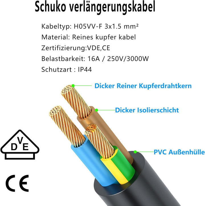 Schuko Verlängerungskabel mit Schalter 90 Grad Verlängerungskabel Outdoor mit Schuko Stecker,Netzkab