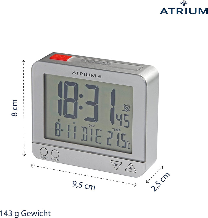 Atrium Funk-Wecker digital Silber sensorgesteuertes Nachtlicht, Obenabsteller, Datum und Temperatura