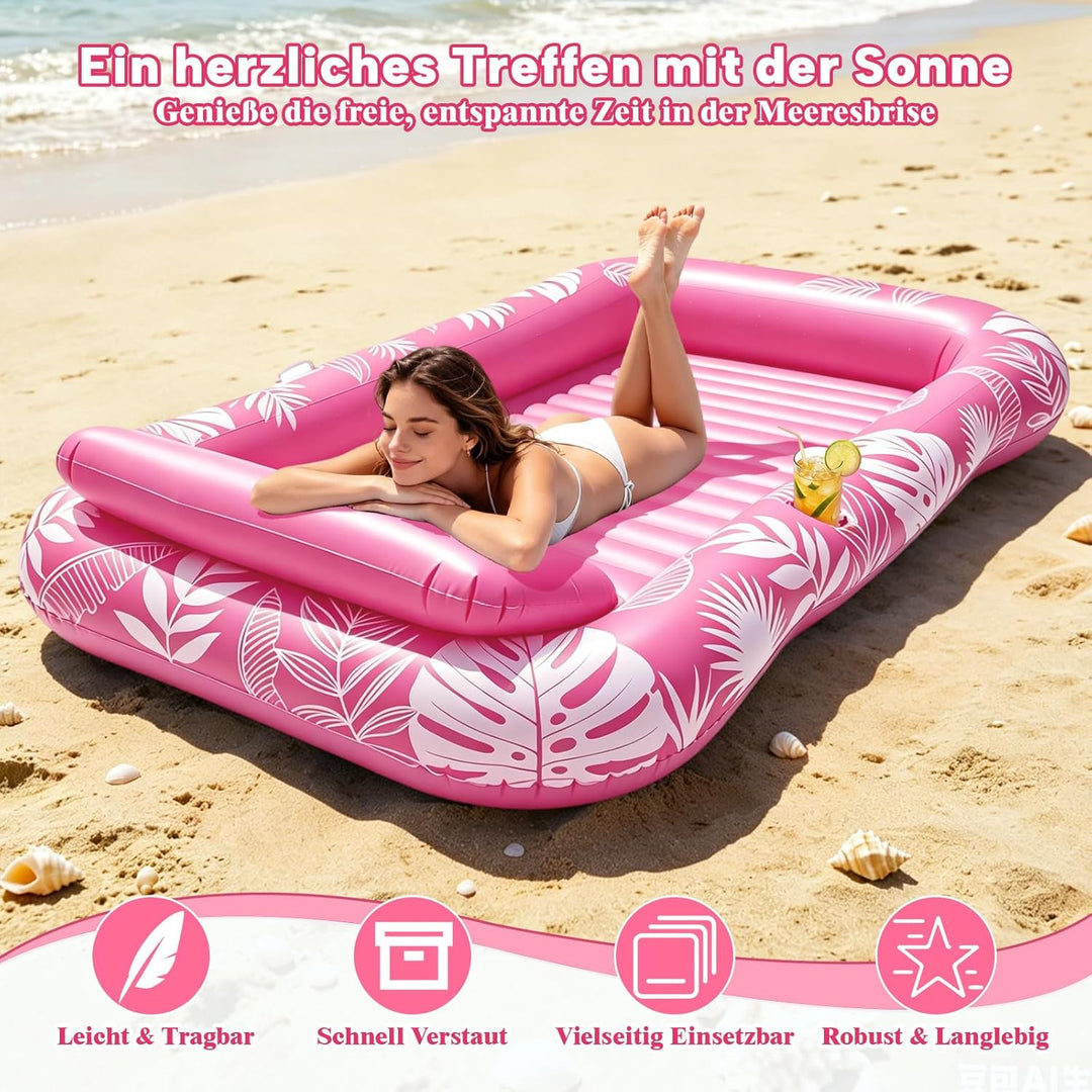 Tanning Pool mit Eingebautem Sprinkler, Luftmatratze Schwimminsel mit Getränkehalter, Griff und Rück