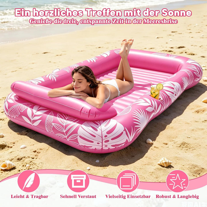 Tanning Pool mit Eingebautem Sprinkler, Luftmatratze Schwimminsel mit Getränkehalter, Griff und Rück