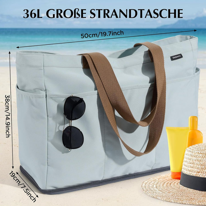GAGAKU Strandtasche XXL mit Kühlfach, Wasserfest Beach Bag mit Reissverschluss – Faltbar Gross Badet