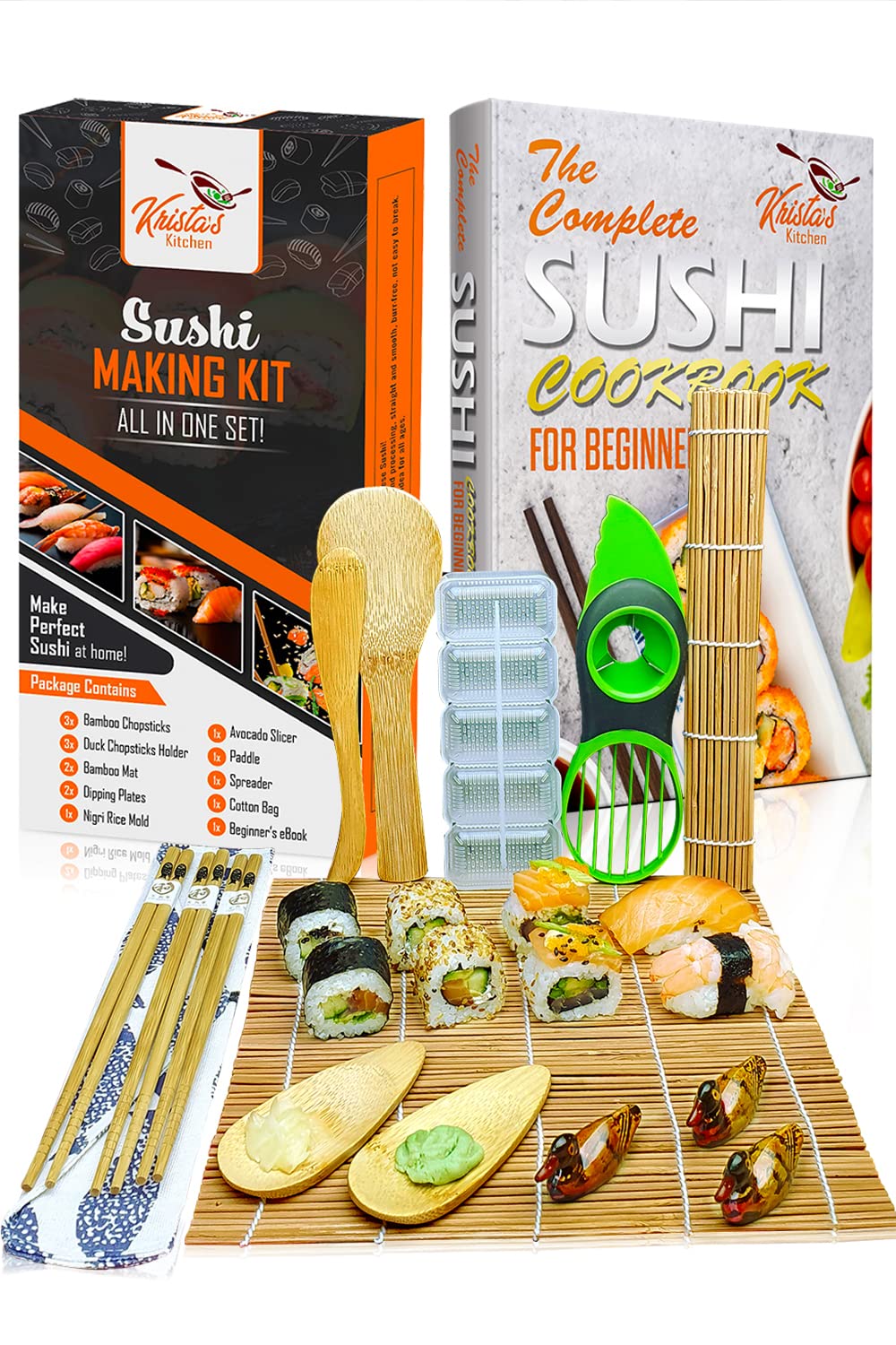 Sushi Set 14-teilig - Bambus Sushi Maker Kit Rollmatte für Anfänger - 2 Matten, 3 Paar Essstäbchen m