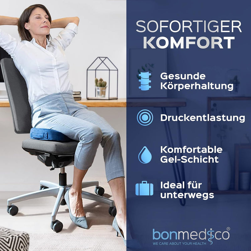 bonmedico Sitzkissen orthopädisch - Memory Foam Gel Steissbeinkissen - Ergonomisches Sitzkissen für