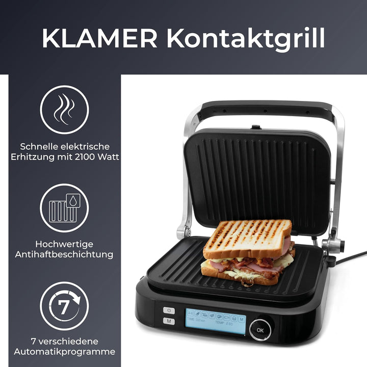 KLAMER Kontaktgrill, 7 Automatikprogramme, abnehmbare Platten, Antihaftbeschichtung, 2100W starker P