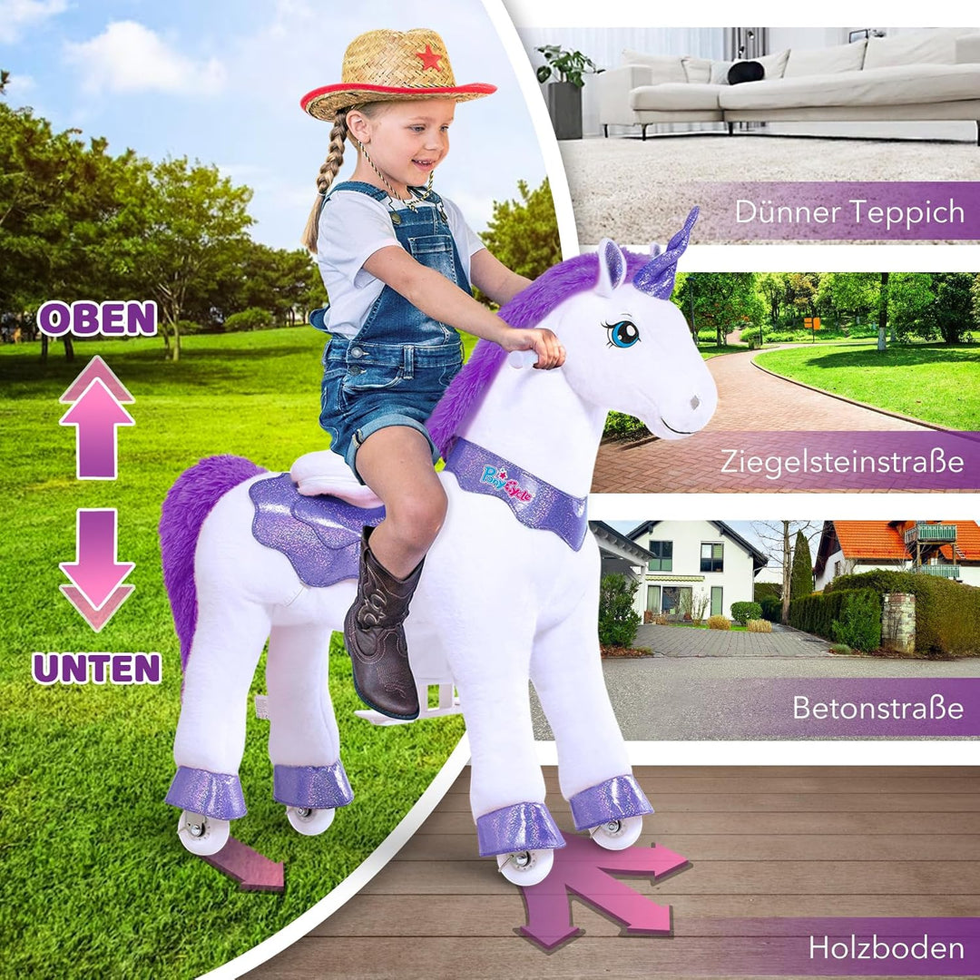 PonyCycle® Einhorn Reitpferd | für Kinder 4–7 Jahre, 90cm | Lila Plüsch Schaukelpferd auf Rollen mit