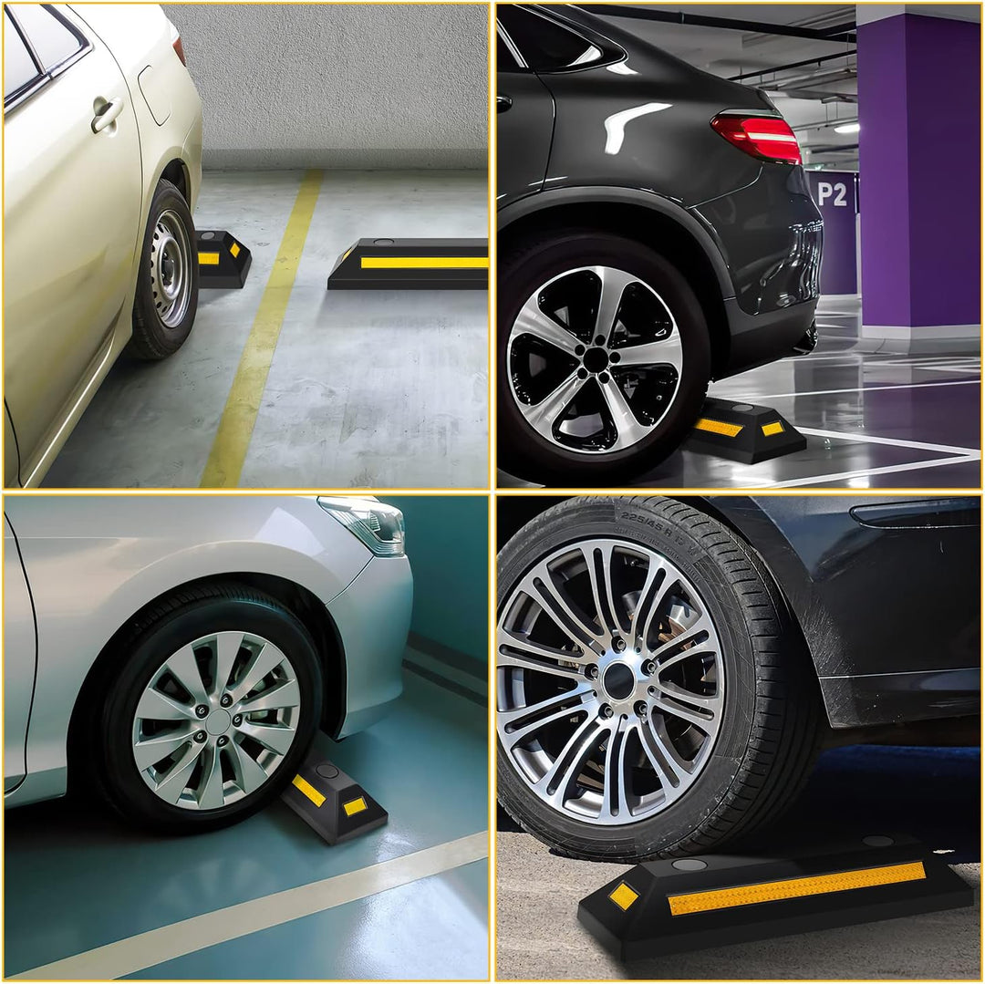 4 x Gummi Radstopper, 54x15x10cm Parkplatzbegrenzung, Parkplatzsperre mit Gelb Reflektierende Streif