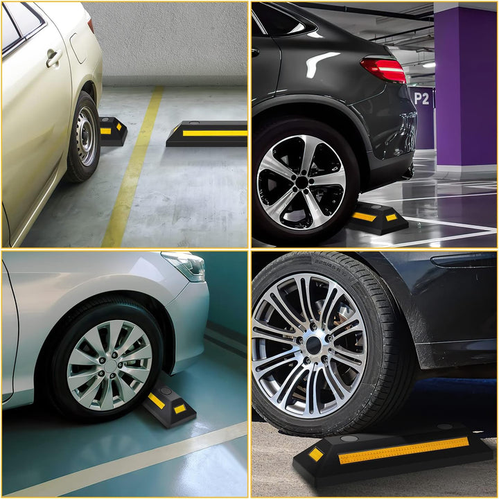 4 x Gummi Radstopper, 54x15x10cm Parkplatzbegrenzung, Parkplatzsperre mit Gelb Reflektierende Streif