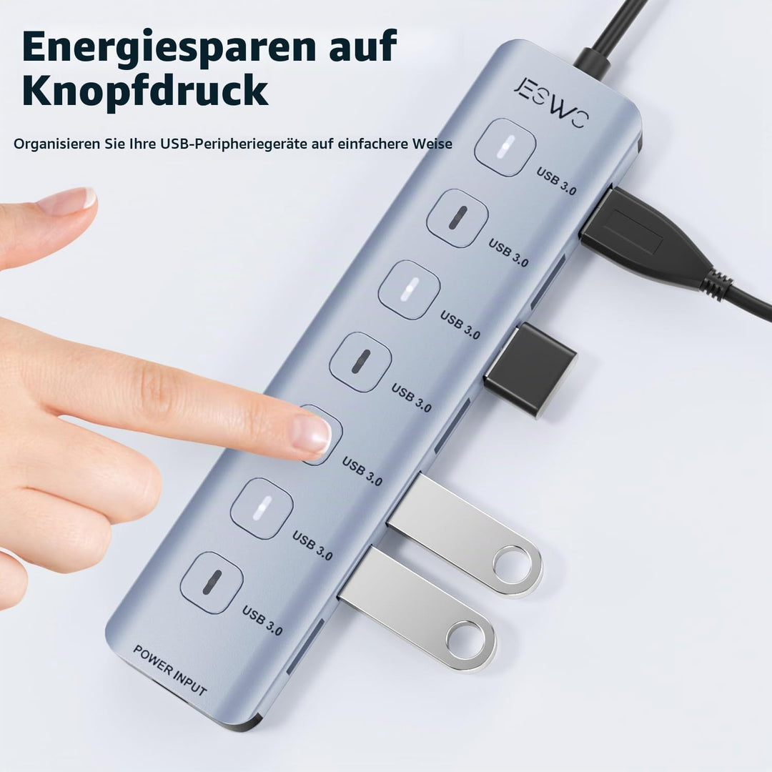 JESWO 7-Port USB 3.0 Hub mit individuellen Schaltern &amp; LED-Anzeigen, Aluminium USB Verteiler 5Gbps,