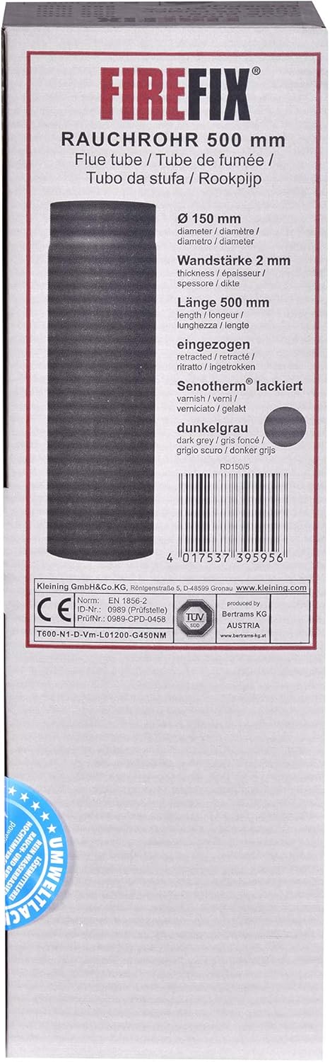 FIREFIX RD150/5 Ofenrohr aus 2 mm starken Stahl (Rauchrohr) in 150 mm Durchmesser, für Kaminöfen und