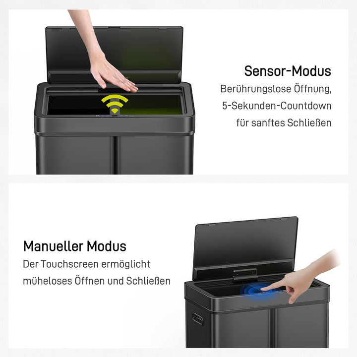 EKO Mirage Plus Mülleimer mit 3 Fächer, 2 x 15 L und 30 L, Recycler Mülleimer mit Sensor, 3 Kunststo