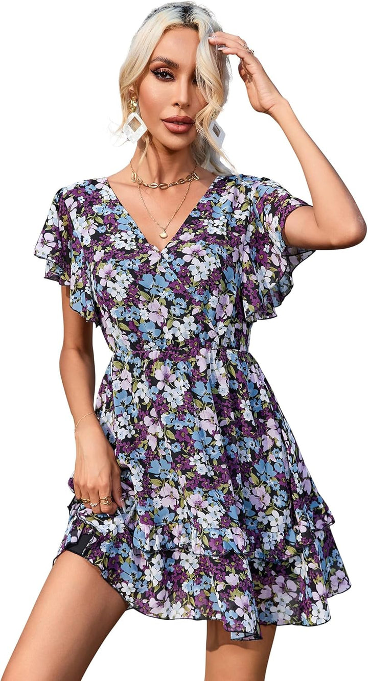 KOJOOIN Damen Sommerkleider Kurzarm Elegant V-Ausschnitt Boho Kleid Chiffon Blumenkleid Mini Kleid R