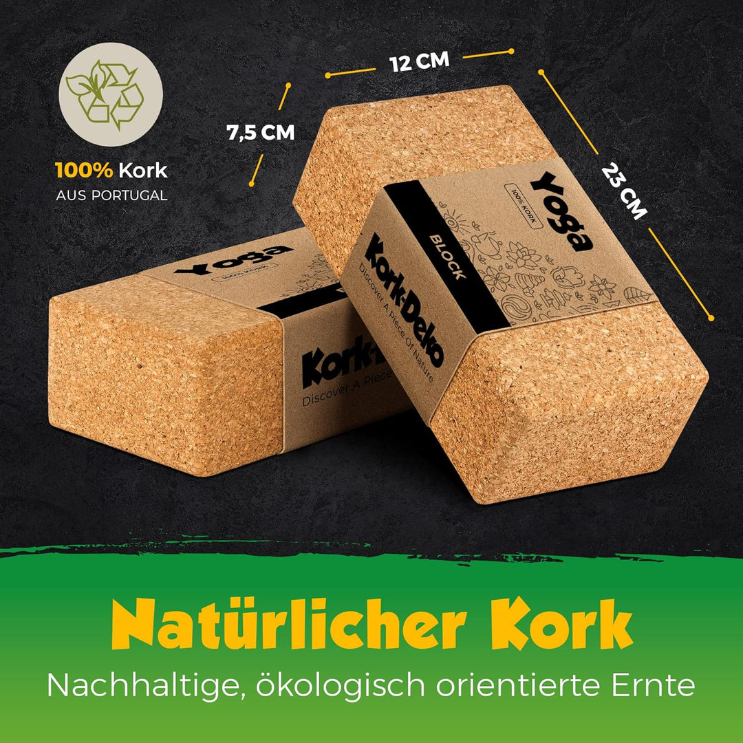 Yoga-Block Kork einzeln oder Set [1er oder 2er-Set] - 100% Naturkork | Hatha Kork Klotz Yoga, ökolog
