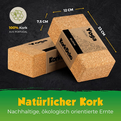 Yoga-Block Kork einzeln oder Set [1er oder 2er-Set] - 100% Naturkork | Hatha Kork Klotz Yoga, ökolog