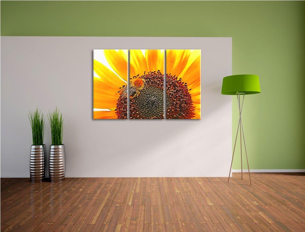 Biene auf Sonnenblume NewArt 3-Teiler Leinwandbild 120x80 Bild auf Leinwand, XXL riesige Bilder fert
