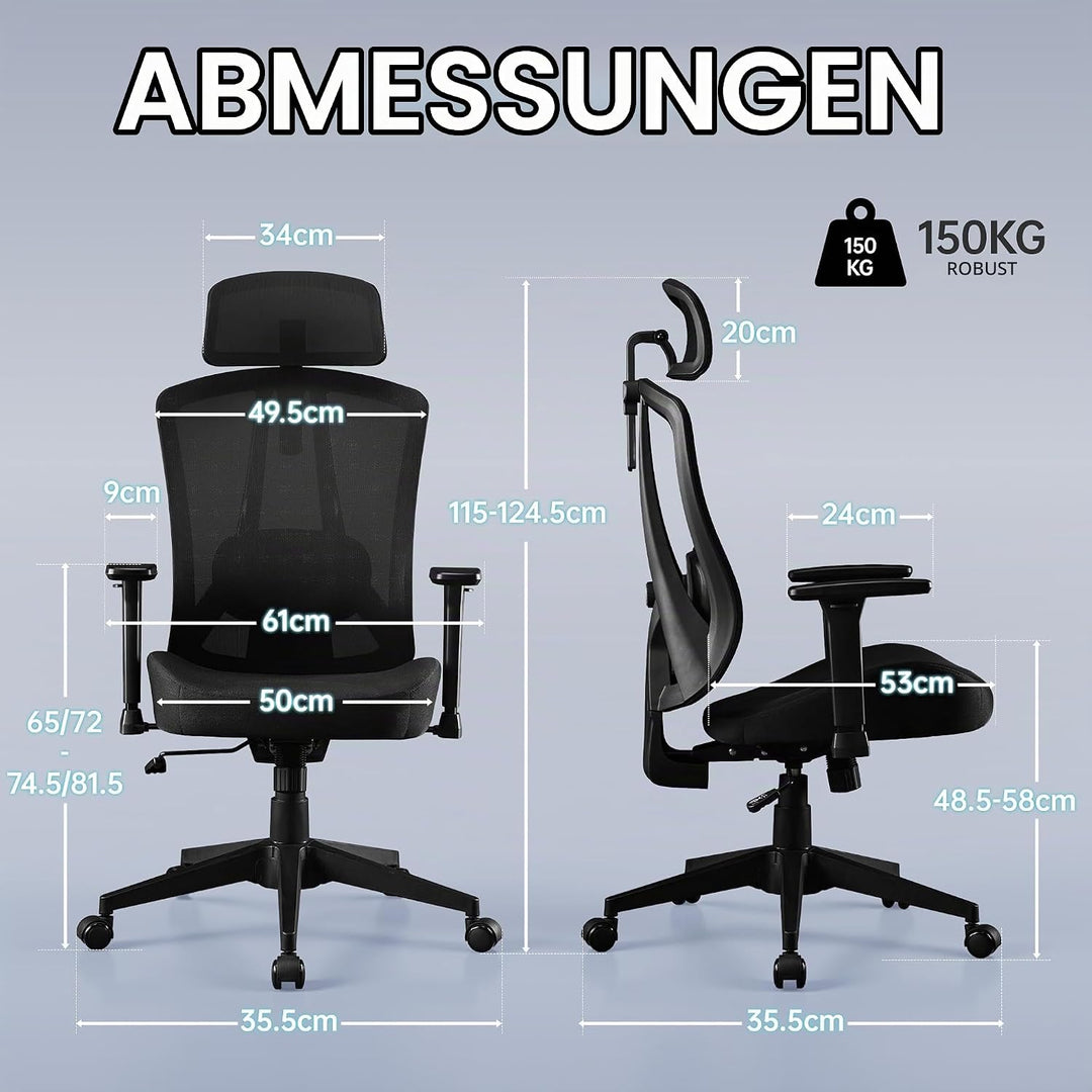 Ergonomischer Bürostuhl mit Verstellbar 3D Armlehne Kopfstütze und Lendenwirbelstütze, Schreibtischs
