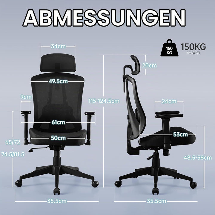 Ergonomischer Bürostuhl mit Verstellbar 3D Armlehne Kopfstütze und Lendenwirbelstütze, Schreibtischs