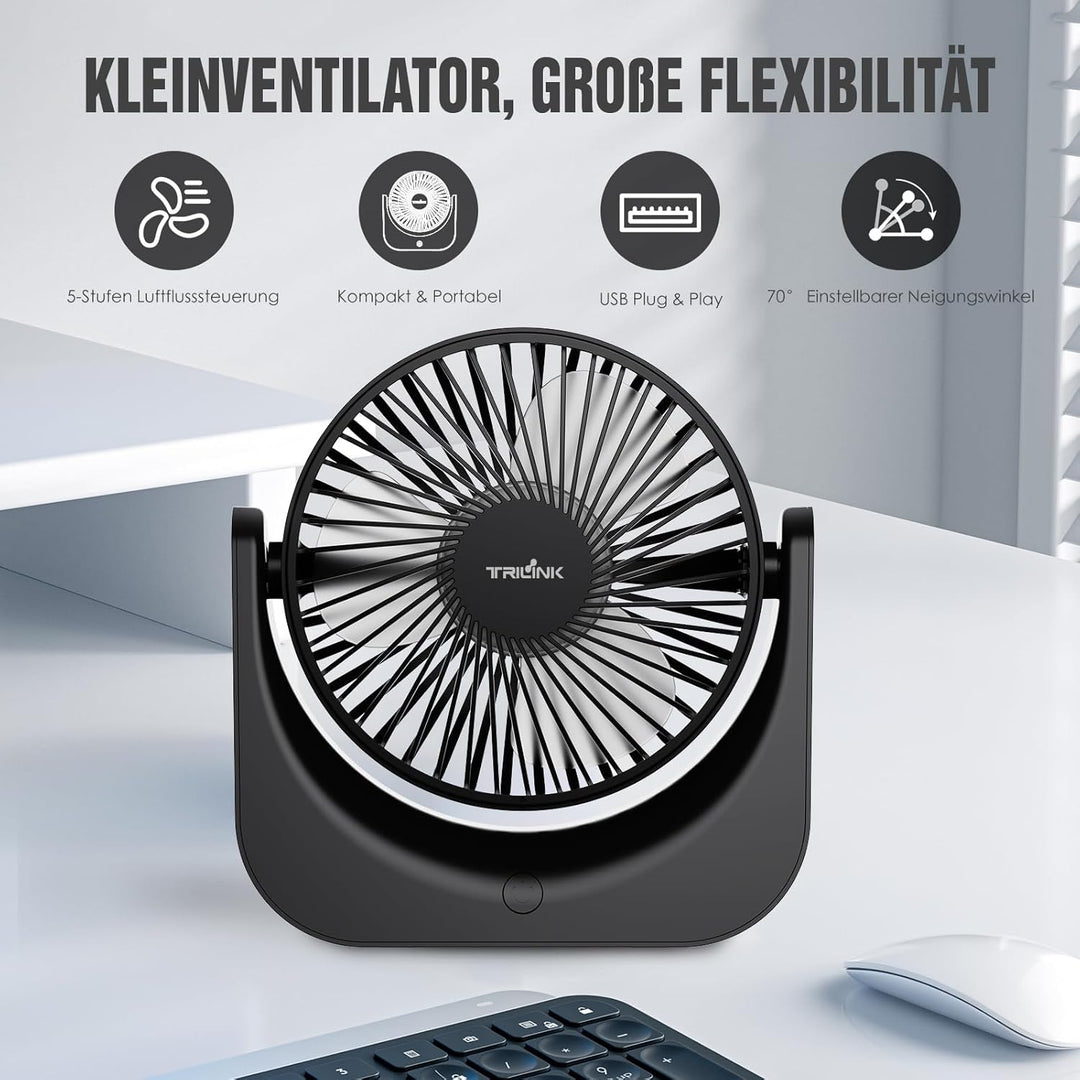 TRILINK USB Ventilator – Kleiner Tischventilator mit 5 Stufen, neigbar, leise & USB-betrieben – Trag