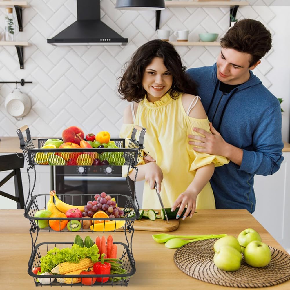 LANTUS Obstkorb mit 2 Bananenaufhängern, Obstständer für Zwiebeln, Snacks und Gemüse, für Küchenthek