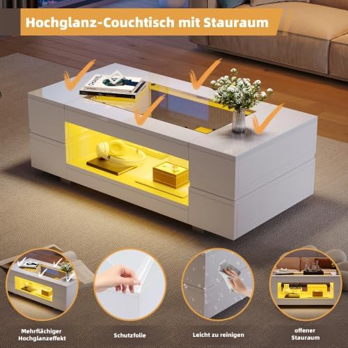 Merax Moderner Couchtisch Weiss 100x50x35cm mit LED-App-Steuerung, Wohnzimmertisch & Beistelltisch C