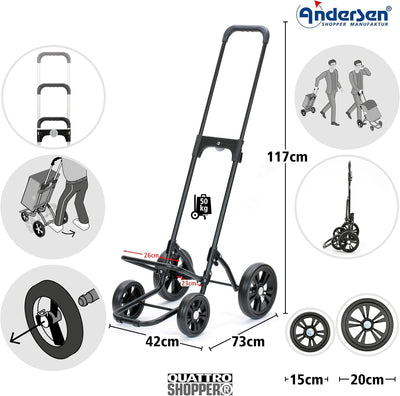Andersen Shopper Quattro Stahl höhenverstellbar mit Rad Ø 15 und 20cm und 62 Liter Tasche Hydro 2.0