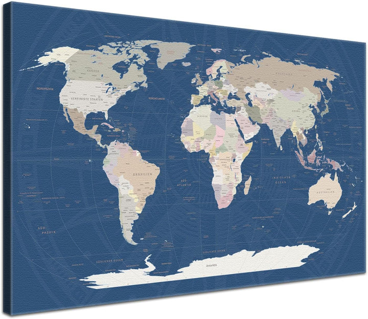 Weltkarte-Pinnwand als Leinwandbild zum pinnen der Reisen – „Weltkarte Titan” - Deutsch - Landkarten