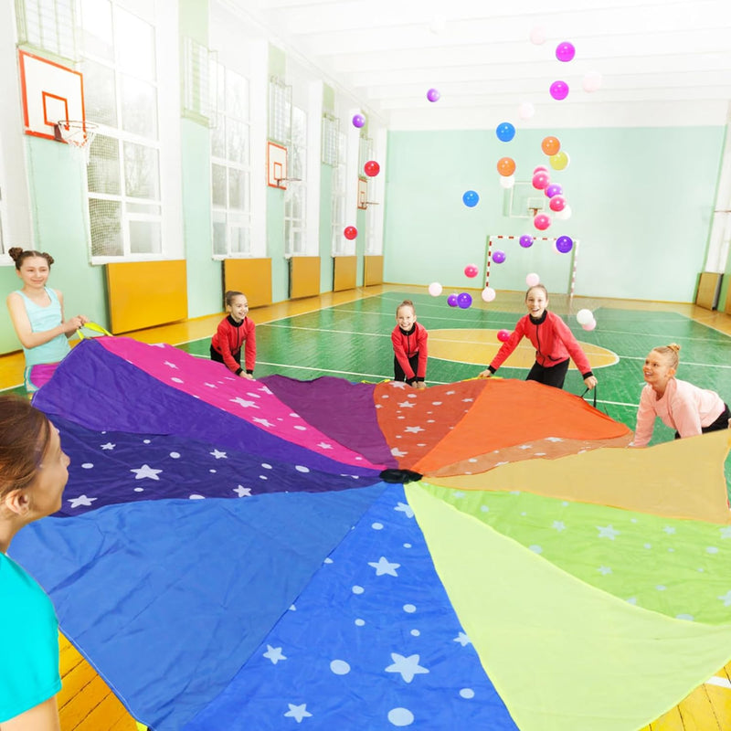 DKINY Regenbogen Schwungtuch Kinder 2.4m Bunt Fallschirm mit 12 Bällen und 12 Griffe Parachutes Spie