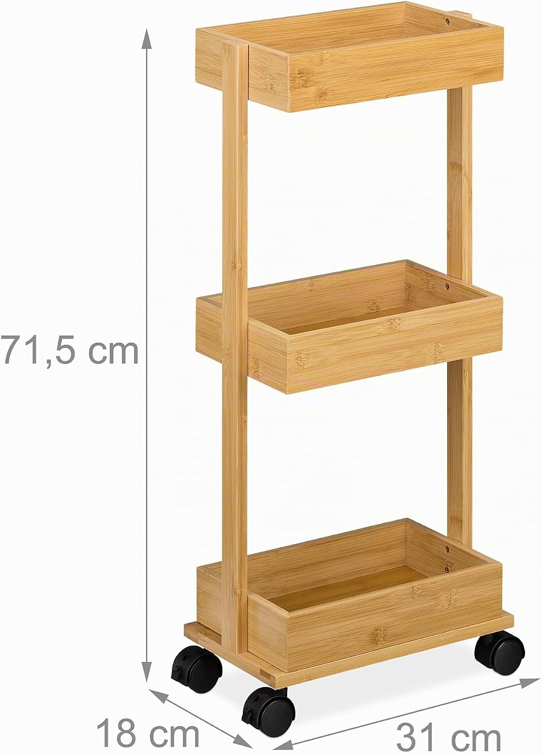 Relaxdays Rollwagen, Bambus, 3 Ebenen, HxBxT: 71,5x31x18 cm, 4 Rollen, Badezimmer, Küche, schmaler B