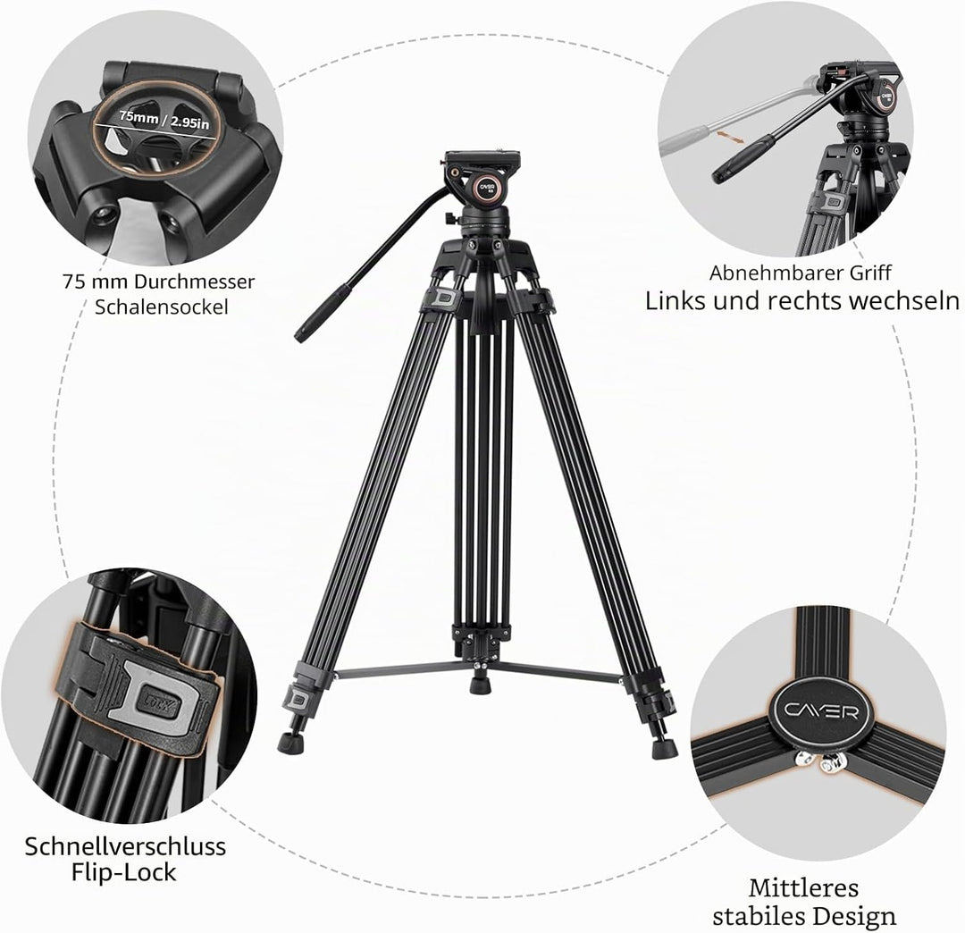Cayer BF30L Video-Stativ mit Fluid-Kopf, 73" Heavy Duty Stativ mit 360 Grad Fluid-Kopf und Schnellwe