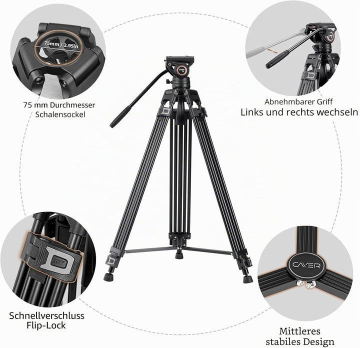 Cayer BF30L Video-Stativ mit Fluid-Kopf, 73" Heavy Duty Stativ mit 360 Grad Fluid-Kopf und Schnellwe