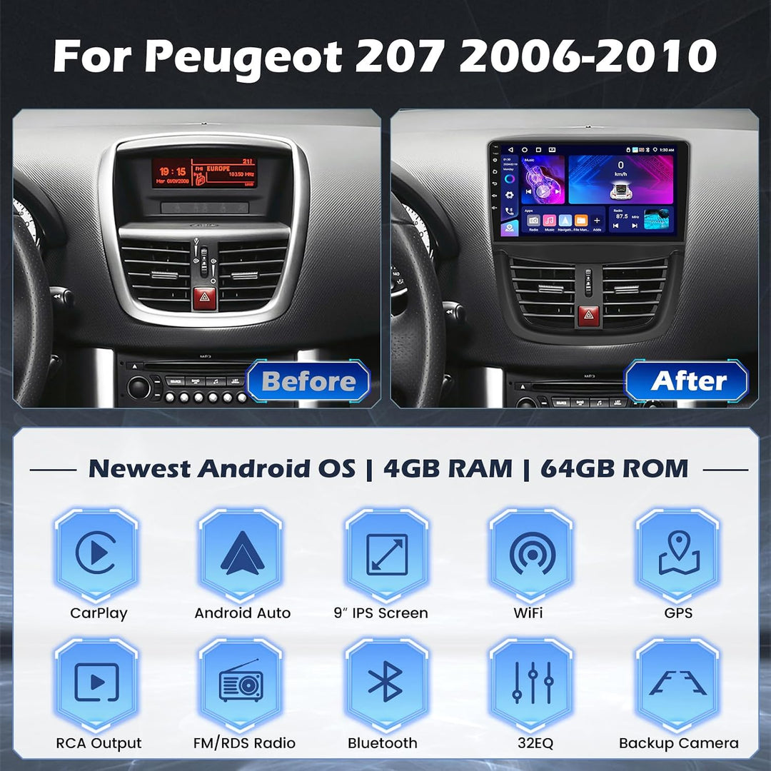Hikity 4G+64G Android 15 Autoradio für Peugeot 207 2006-2010 9 Zoll | Wireless CarPlay, Android Auto