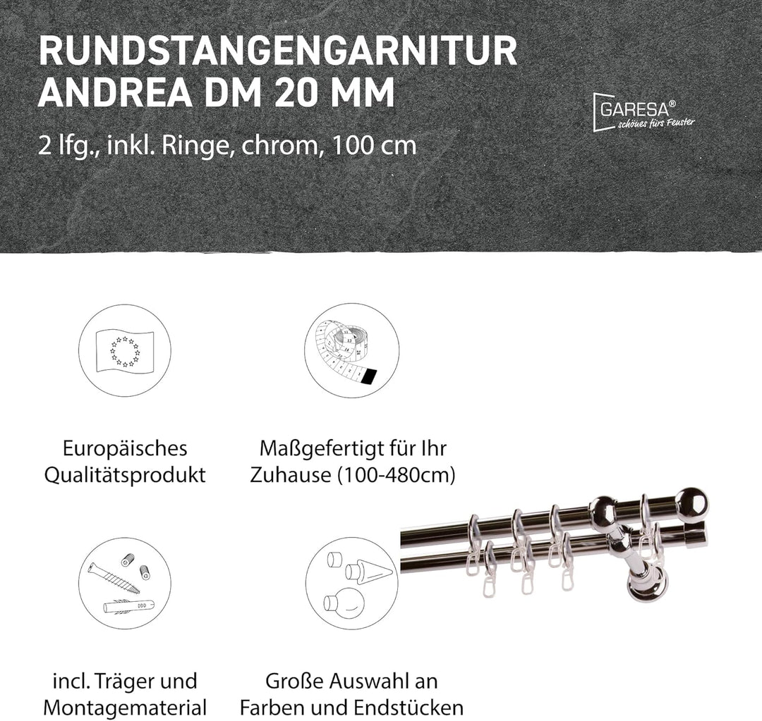 Garesa Gardinenstange Andrea Ø 20mm, 2-läufig, Chrom I Stabile Vorhangstange inkl. Ringe + Faltenleg