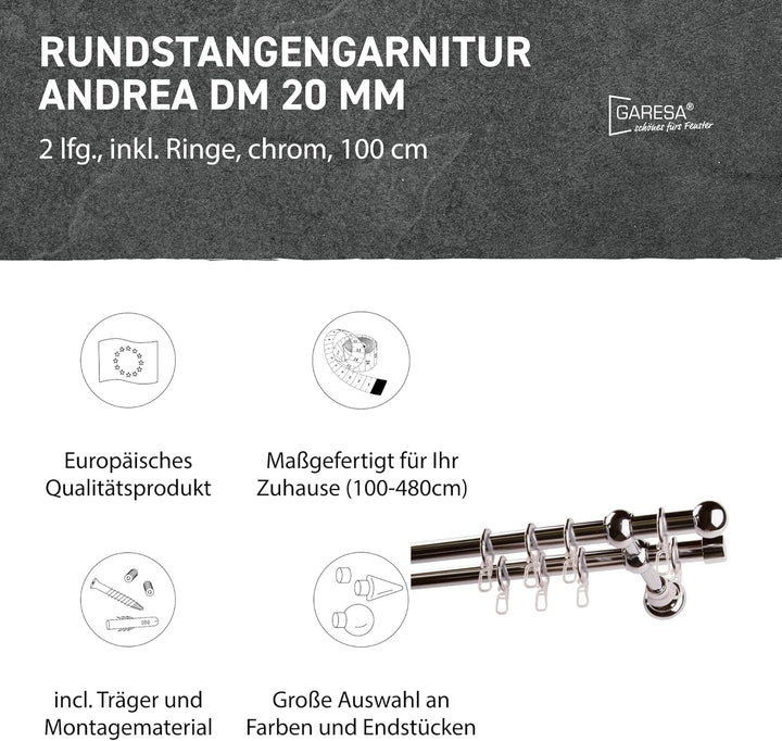 Garesa Gardinenstange Andrea Ø 20mm, 2-läufig, Chrom I Stabile Vorhangstange inkl. Ringe + Faltenleg