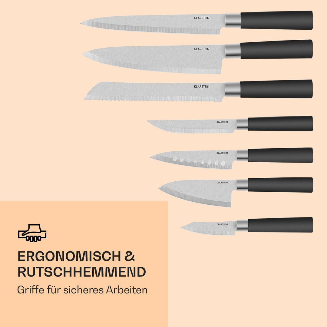 Klarstein Kitano - Messer-Set, Messerblock, 8-teilig, Präzisionsklingen, Rostfreier Edelstahl, Holzb