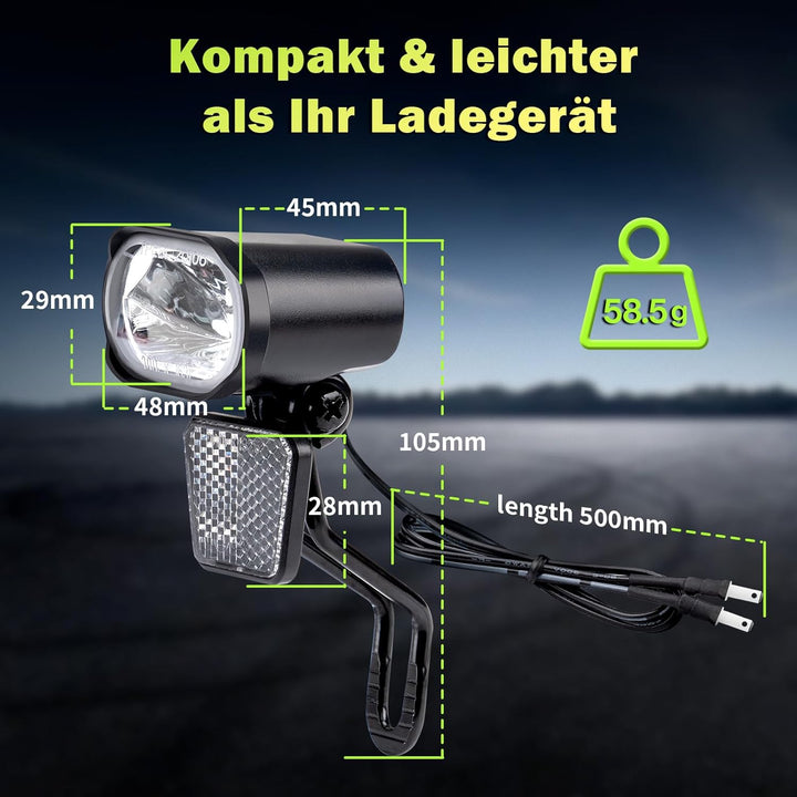 Fahrrad Frontlicht LED 30-100 Lux, Alu-Kühlkörper, 6-58V E-Bike/Fahrrad, IPX4/5, StVZO E-Bike 30lux,