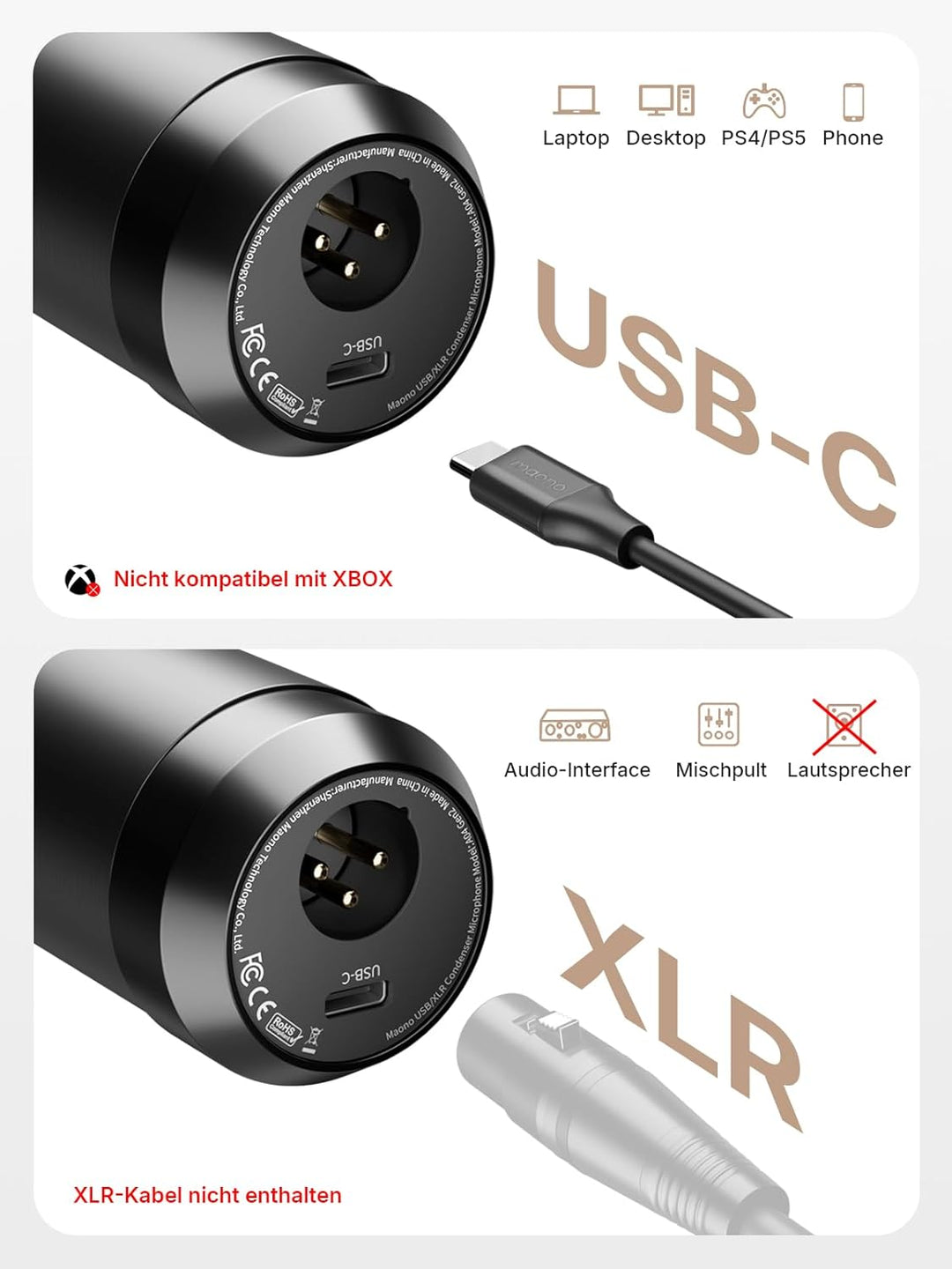 MAONO XLR/USB-Kondensatormikrofon: 192 kHz/24 Bit Plug & Play PC-Computer-Podcast Nieren-Metallmikro