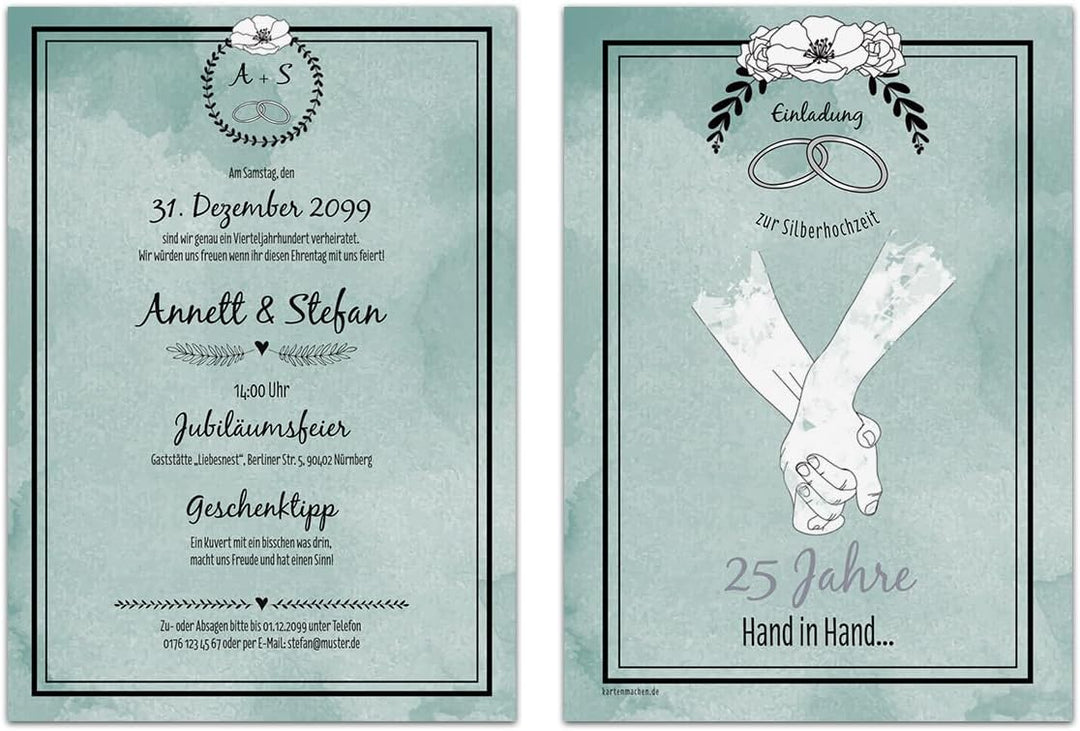 10 x Hochzeitseinladungen Silberhochzeit silberne Hochzeit Einladung - Hand in Hand 10 Stück Silbern