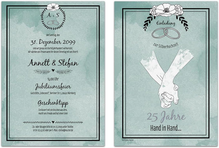 10 x Hochzeitseinladungen Silberhochzeit silberne Hochzeit Einladung - Hand in Hand 10 Stück Silbern