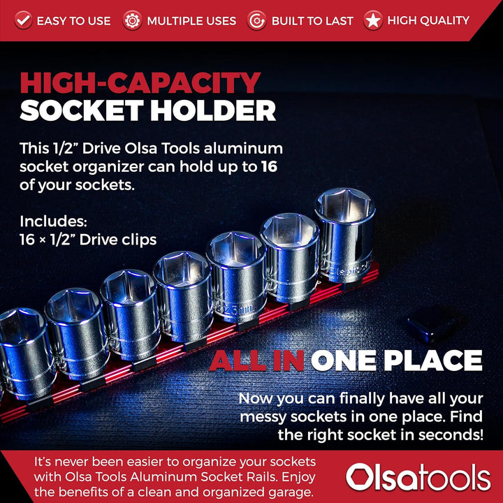 Steckschlüssel-Organizer aus Aluminium, 1,27 cm (1/2 Zoll), professionelle Qualität, Rot Olsa Tools
