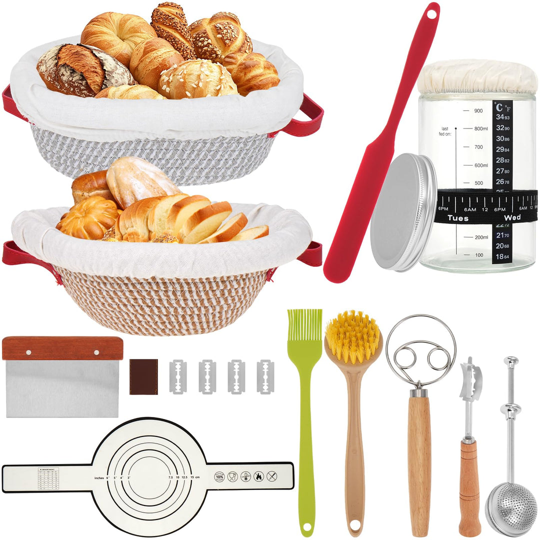 Gärkorb Brot Set Sauerteig Starter Set mit 2 faltbare Gärkörbchen Teigschaber Brot Sling und Teigrüh