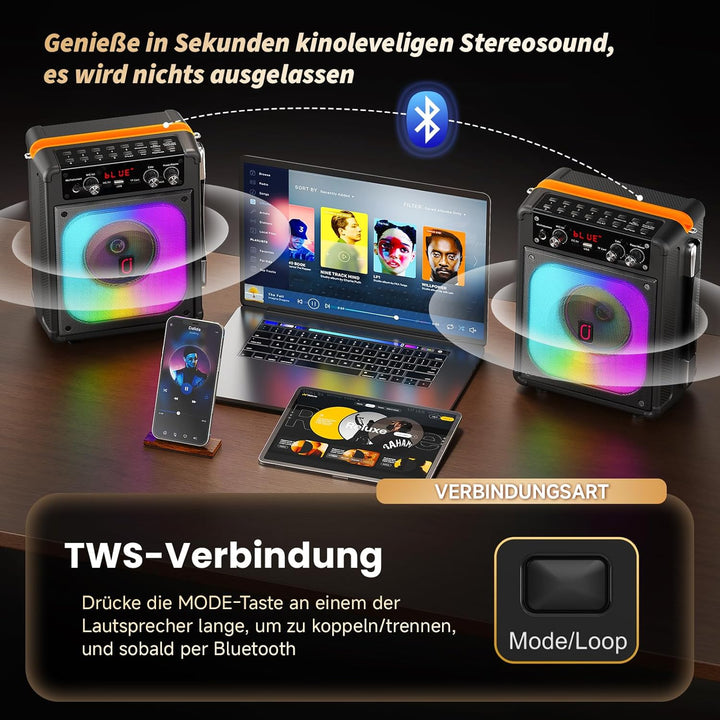 Karaoke Maschine Karaoke Anlage Mit 2 Mikrofonen, Karaoke Set Tragbare Karaoke Maschine Mit 2 Drahtl