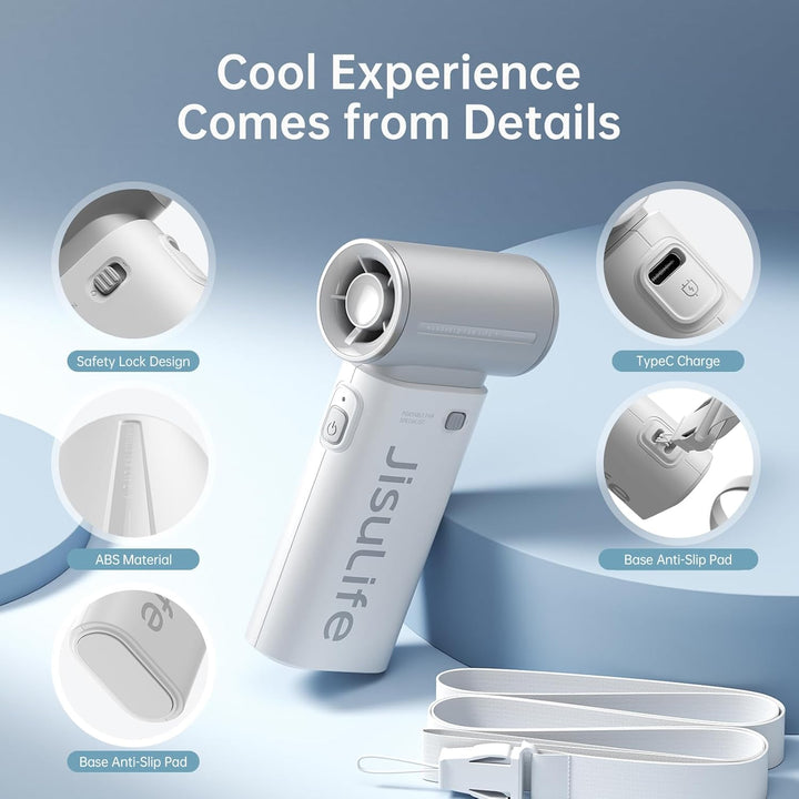 JISULIFE Tragbarer Handventilator, Turbo-Power [12 Stunden Maximale], 5-Gang-Wind, 3600 mAh wiederau