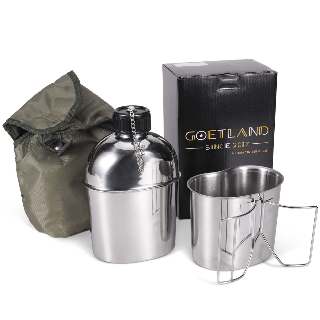 Goetland Edelstahl US Feldflasche Wasserflasche Trinkflasche 1,2L mit 0,6 L Becher Stofftasche für C