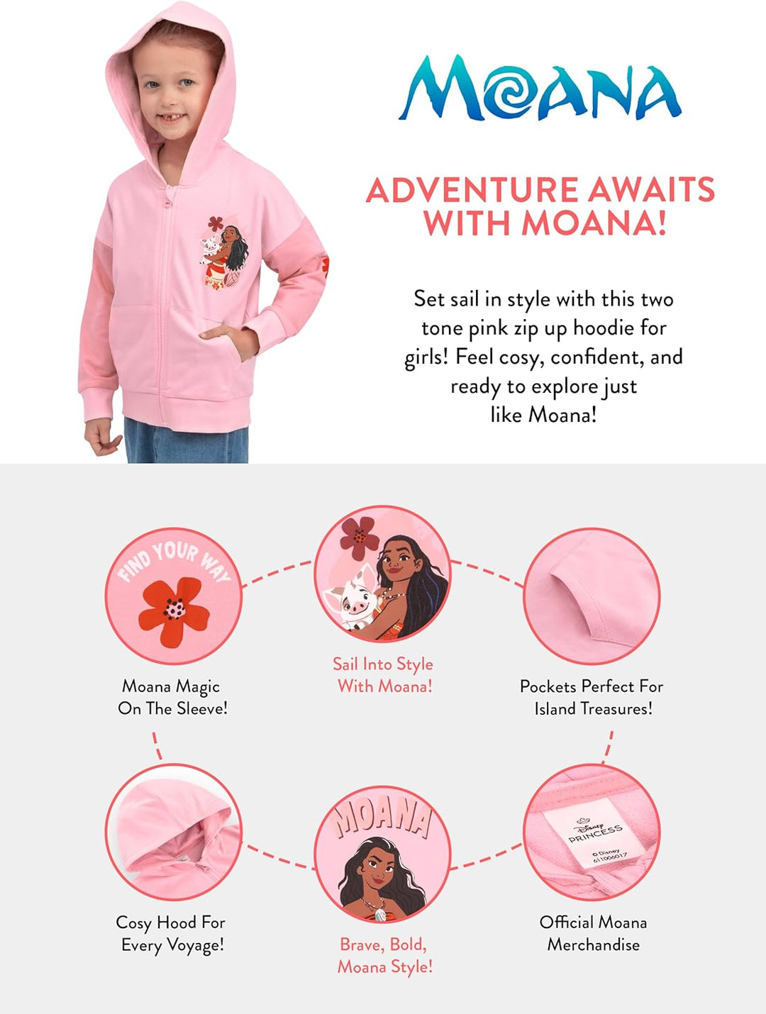 Disney Hoodie Mädchen, Moana Zip Hoodie Kinder, Prinzessin Mädchen Kleidung Mit Reissverschluss 122,