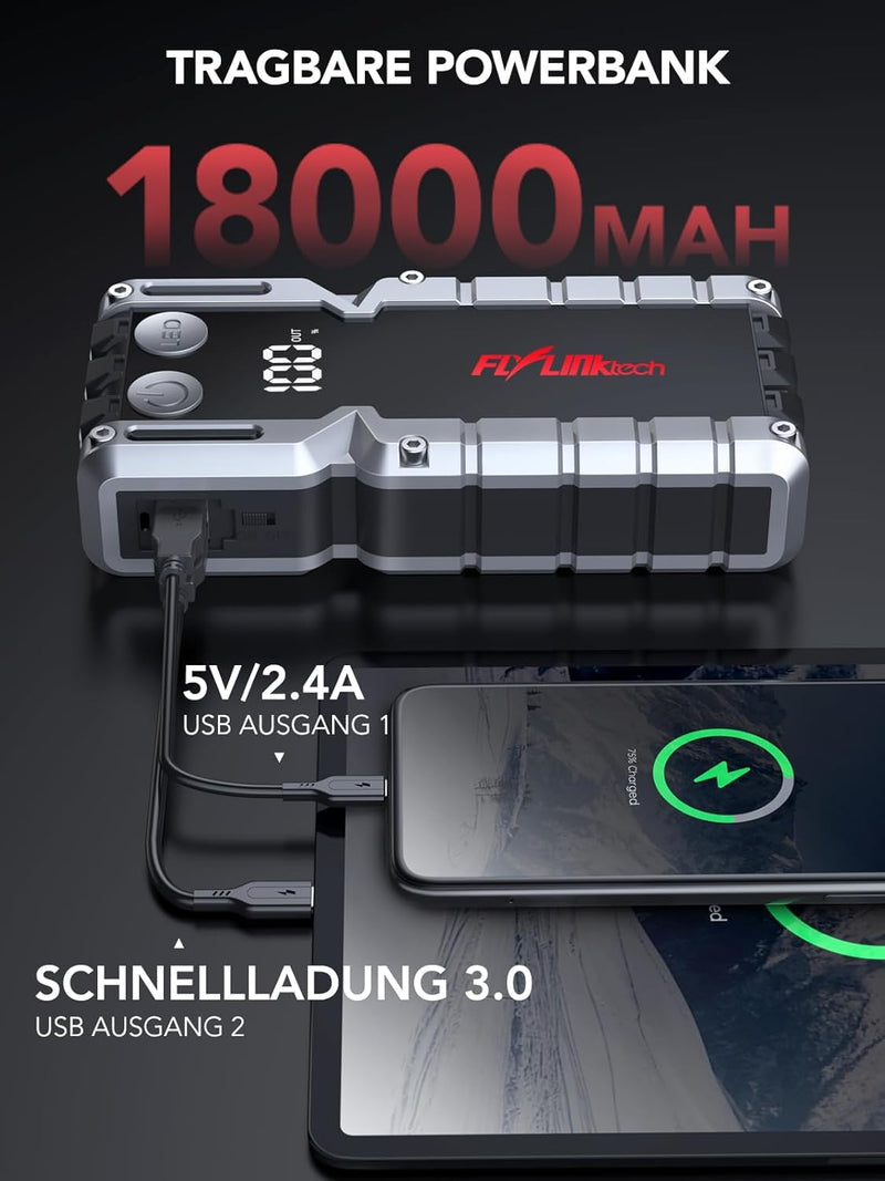 FLYLINKTECH Starthilfe Powerbank, 4000A Spitzstrom Auto Starthilfe mit LCD-Display (Für bis zu 9.0L