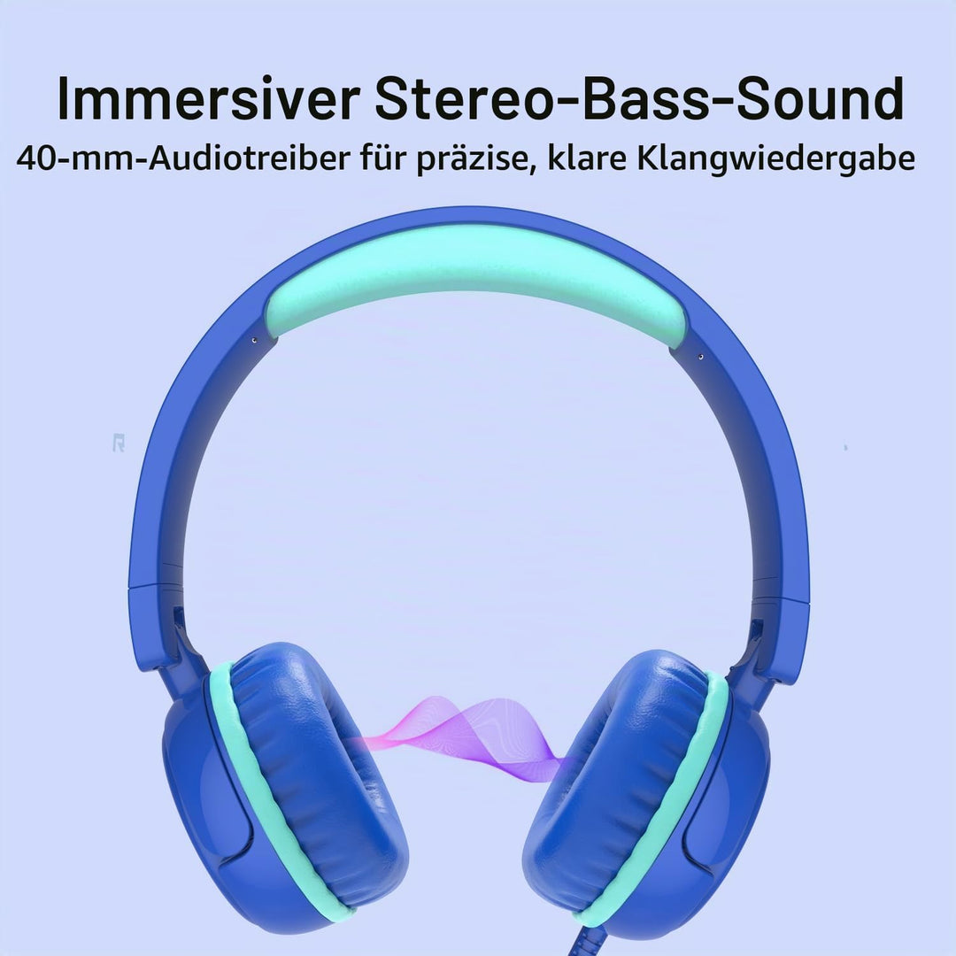 Kinder kopfhörer, Kopfhörer für Kinder mit Kabel, faltbar, Stereo Sound, Sichere Lautstärkebegrenzun