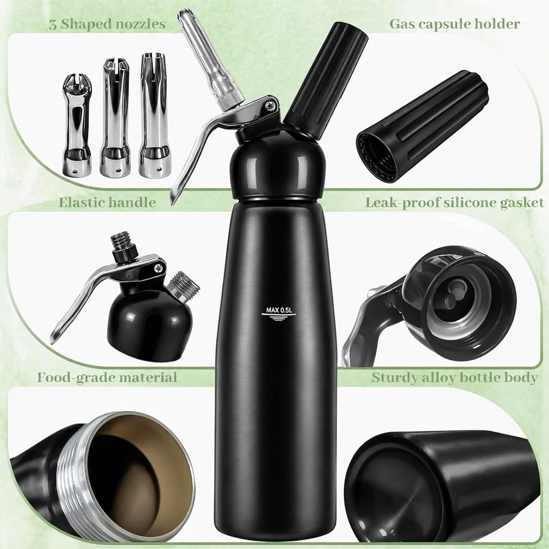 Sahnespender, Sahnesyphon, Sahnespender Edelstahl 500ml, Espuma Flasche, für Sahne, Schlagsahne, Mou