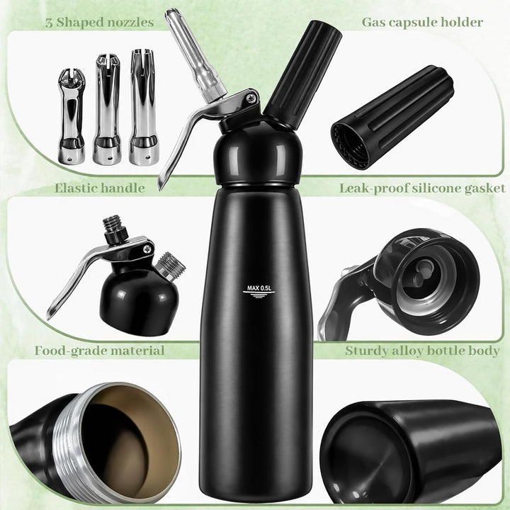 Sahnespender, Sahnesyphon, Sahnespender Edelstahl 500ml, Espuma Flasche, für Sahne, Schlagsahne, Mou