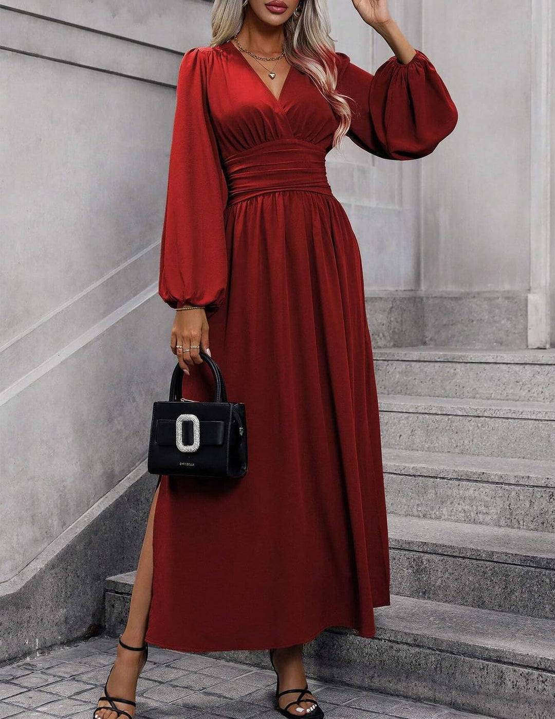 Damen Kleid 2.0 Elegant Langarm V-Ausschnit Tunika Maxikleider Casual Hohe Taille Saumschlitz Cockta