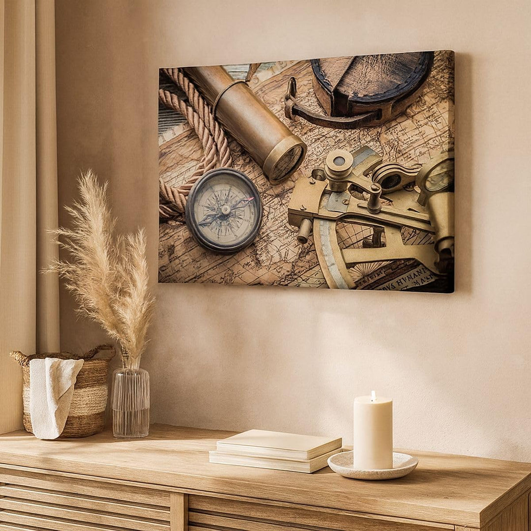 ARTTOR Bilder auf Leinwand Kompass Kompass Karte Leinwandbild 70x50cm Wandbilder Dekoration Wohnzimm